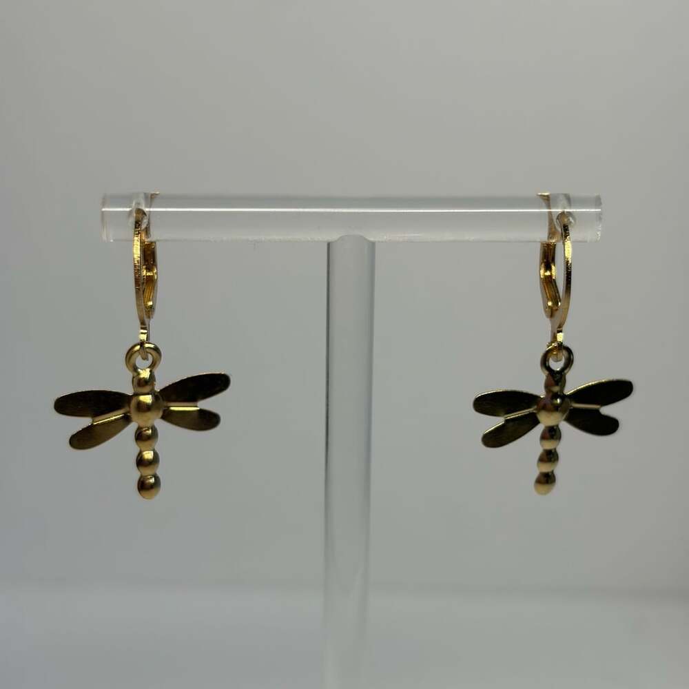 Stainless Steel Gold-Plated Dragonfly Huggie Hoop Dangle Earrings